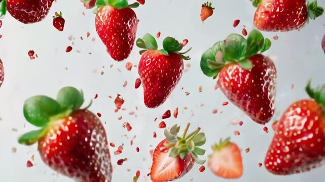 slow motion of strawberries falling on white background