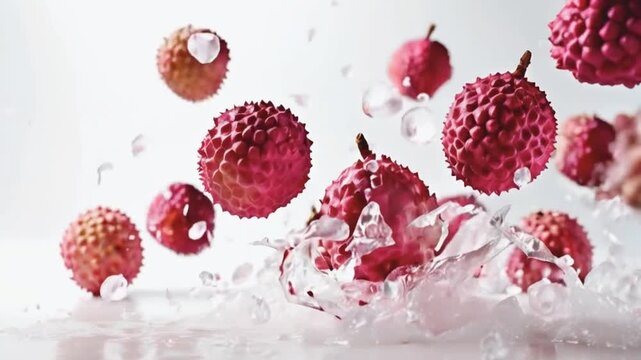 slow motion of falling lychee on white background