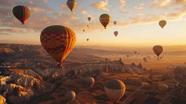 Aerial view of hot air balloons drifting over Cappadocia at daybreak, with a sky transitioning from the depths of night filled with stars to the soft pastels of a new day.