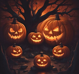 Eerie Halloween night scene featuring glowing carved pumpkins with sinister faces in the darkness.