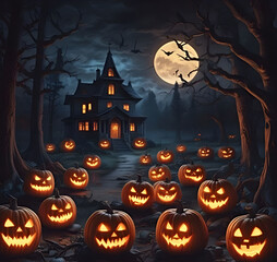 Fototapeta premium Eerie Halloween night scene featuring glowing carved pumpkins with sinister faces in the darkness.
