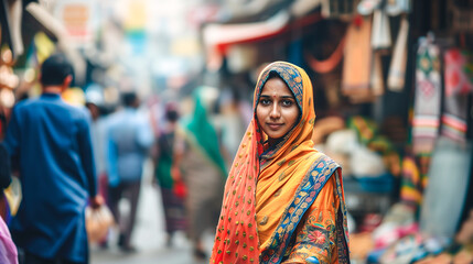 Fototapeta premium Indian woman in a colorful dupatta, walking through a bustling street market, exploring and shoppin