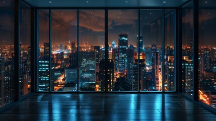 Room inside a high-rise building showcasing unoccupied space and floor-to-ceiling windows offering a stunning night city view, representing prestigious and high-end real estate