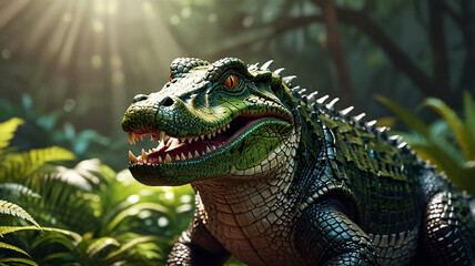 Fototapeta premium Close-up of an alligator swimming in a calm, reflective river, showcasing its textured scales and sharp teeth. The background is blurred, highlighting the lush, green riverbank vegetation.