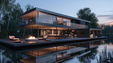 Obraz premium A sleek modern villa with a floating design over a tranquil lake, featuring large glass walls, an open-plan interior, and a deck with a fire pit.