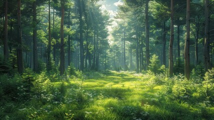 Naklejka premium Sunlight Through Forest Trees