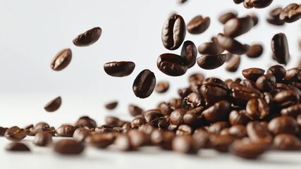 slow motion of falling coffee beans on white background - Powered by Adobe