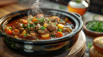 Steaming Hot Beef Stew in Black Crock Pot - Food Photography