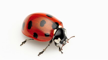 Fototapeta premium Close-up of a detailed ladybug with distinct black spots, isolated on a white background, offering ample space for copy text or logos