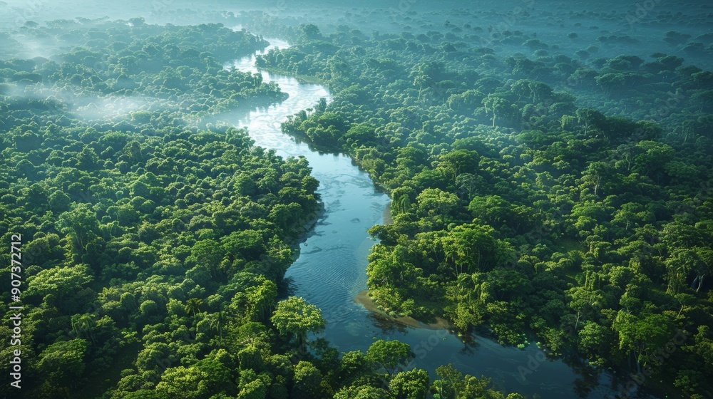 Wall mural lush green river winding through dense tropical forest at dawn in remote wilderness. generative ai