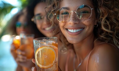 Happy multiracial friends are enjoying drinks and celebrating summer at a patio cocktail bar, holding their cocktail glasses outside in a lively summertime party, embodying a vibrant lifestyle.