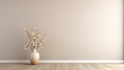 White Flowers in Beige Vase on Wooden Floor