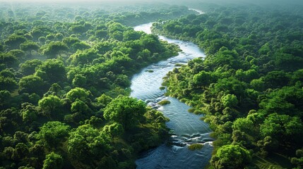 Lush Green River Winding Through Dense Forest Landscape at Dawn. Generative AI