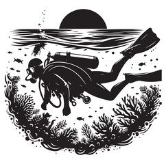 Scuba diving people silhouettes vector illustrations isolated on white background.