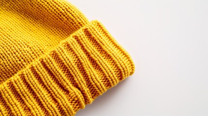 Detailed image of a warm knitted beanie with a prominent logo, isolated on a clean background, providing space for text or marketing elements