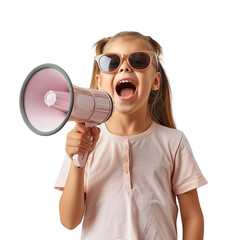 Naklejka premium A young girl is holding a megaphone and smiling. Concept of fun and excitement, as the girl appears to be enjoying herself while making a loud noise. The megaphone adds to the playful atmosphere