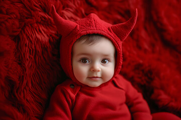 Cute baby wearing red Halloween devil costume hoodie with horns