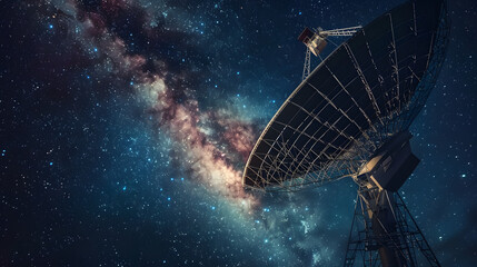 A radio telescope dish with a stunning galactic background, capturing the essence of space observation and astronomical research.