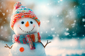 Snowman in winter forest. Christmas and New Year holidays background.