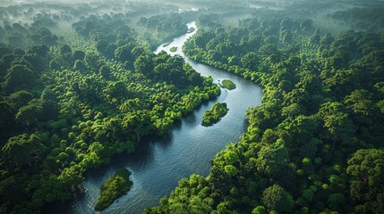 Aerial View of Lush Green Forest and Meandering River at Dawn. Generative AI