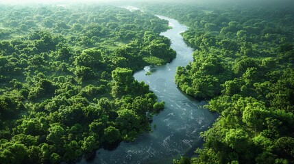 Lush Green River Winding Through Dense Forest Landscape on a Misty Morning. Generative AI