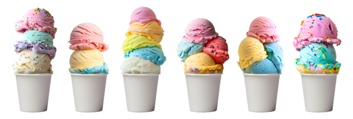 Pastel rainbow Ice cream double triple scoop, on white blank empty takeaway paper cup bowl on transparent background cutout, PNG file. Many different flavour Mockup template for artwork design