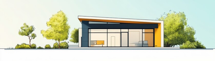 Natural ventilation in modern homes, flat design, side view, sustainable architecture theme, cartoon drawing, Splitcomplementary color scheme