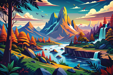A Serene Landscape with a River Flowing Through Majestic Mountains and a Waterfall