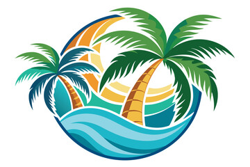 Tropical Palm Trees and Ocean Waves in Oval Shape
