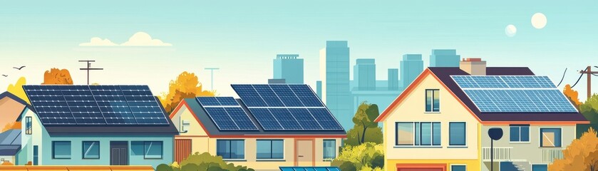 Fototapeta premium Solar energy systems on residential rooftops, flat design, top view, sustainable living theme, cartoon drawing, Complementary Color Scheme