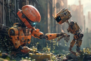 Two robots playing in the grass, one red and one blue, under a clear blue sky, AI generated