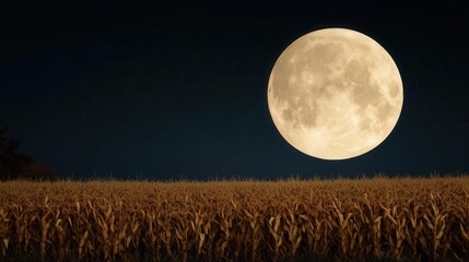 A harvest moon rising over a field of corn and pumpkins