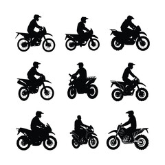 Obraz premium Silhouettes of nine motocross riders on motorcycles, ideal for graphic design or website elements.
