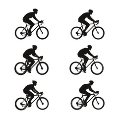 Silhouettes of 6 cyclist riders in various poses on white background.