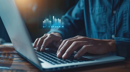 A professional hand in a blue shirt working on a laptop as a hologram icon of a handshake appears