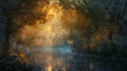mystical riverbank, enveloped in a magical, glowing mist