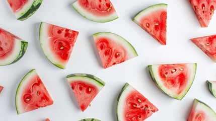 Slices of watermelon arranged in a fan pattern on a white backdrop. The contrast between the green rind and red fruit highlighted