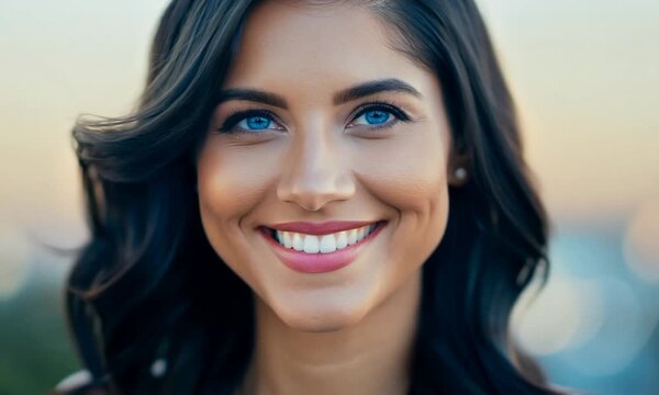  Portrait of pretty woman dark hair, blue eyes. Natural smile. smiling beautiful