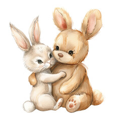 Fluffy pink bunny holding brown chocolate eggs, perfect for Easter celebration
