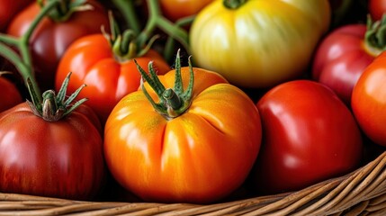 A close-up of colorful heirloom tomatoes in a wicker basket