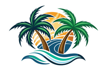 Obraz premium Two Palm Trees on a Beach with a Sunset Behind Them