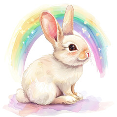 Fluffy white bunny with colorful eggs, perfect for Easter