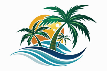 Palm Trees and Waves Underneath an Orange Sun