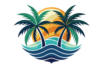 Obraz premium Palm Trees Silhouetted Against Sunset with Ocean Waves