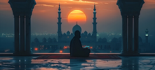 mosque in the night,A Muslim man is facing the sunset and praying namaz or salah Serene holy night background
