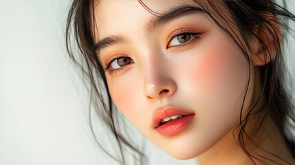 Naklejka premium Elegant close-up of a young Asian woman with K-beauty makeup and luminous skin, isolated on a white background, emphasizing her natural beauty