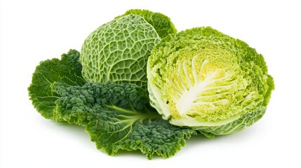 Fototapeta premium Sliced savoy cabbage with its distinctive curly, crinkled leaves and contrasting textures. The vibrant green color stands out against the white background