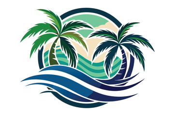 Tropical Beach Scene with Palm Trees and Waves