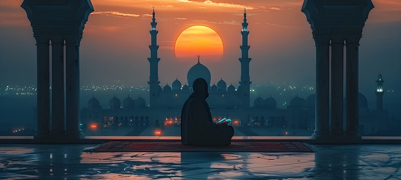 mosque in the night,A Muslim man is facing the sunset and praying namaz or salah Serene holy night background