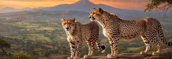 Obraz premium Two Cheetahs on a Mountain Top at Sunset.